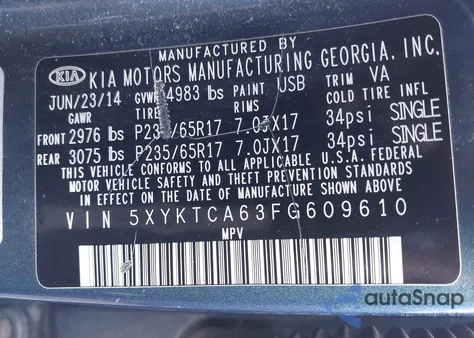 2015 Kia Sorento Lx z USA, uszkodzony, nr VIN 5XYKTCA63FG609610